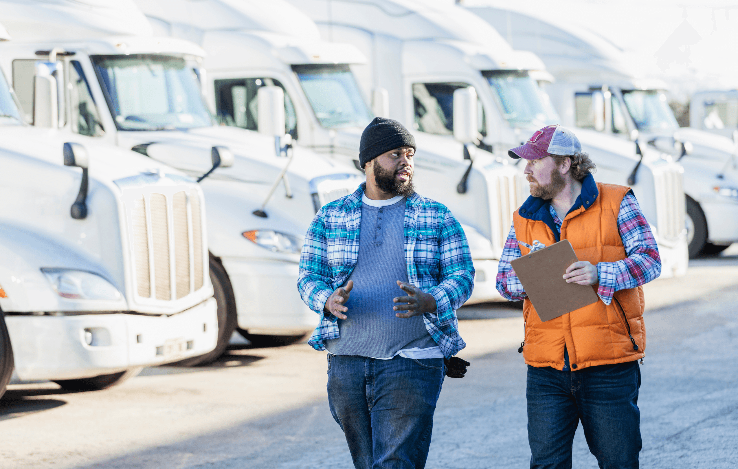 Truck drivers working together