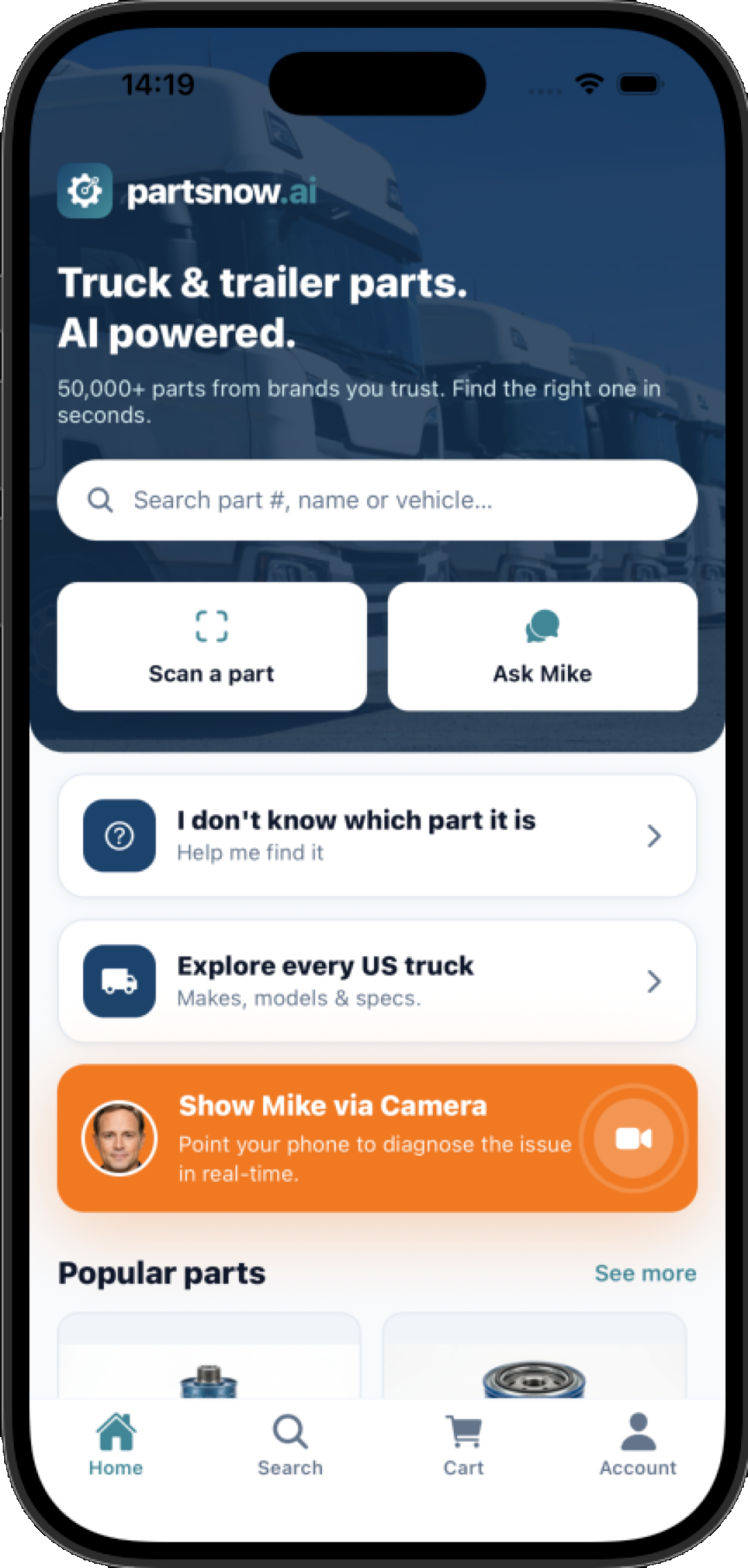 The PartsNow mobile app home screen: search, Ask Mike, scan a part, and popular parts