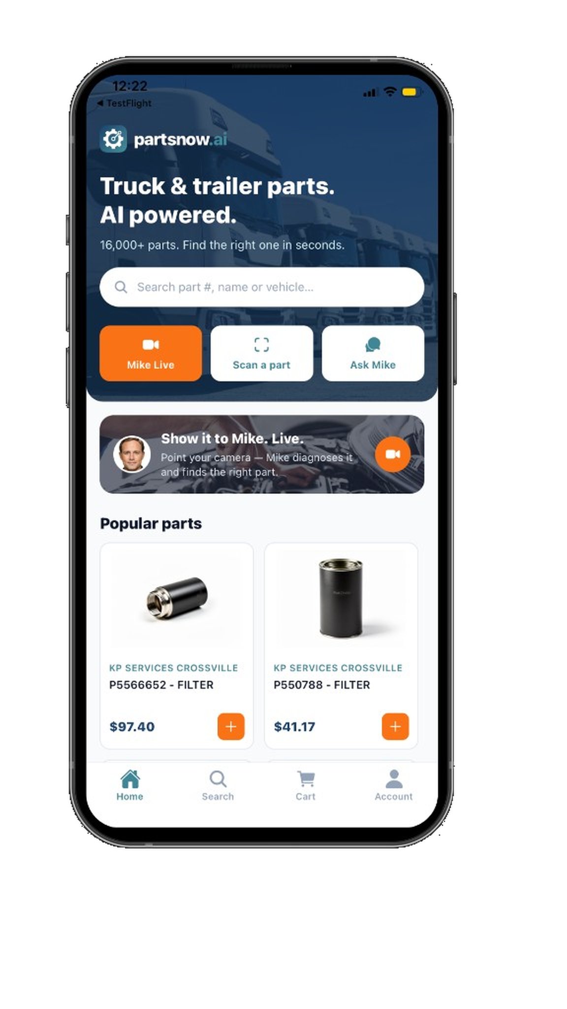 The PartsNow mobile app home screen: search, Mike Live, scan a part, and popular parts